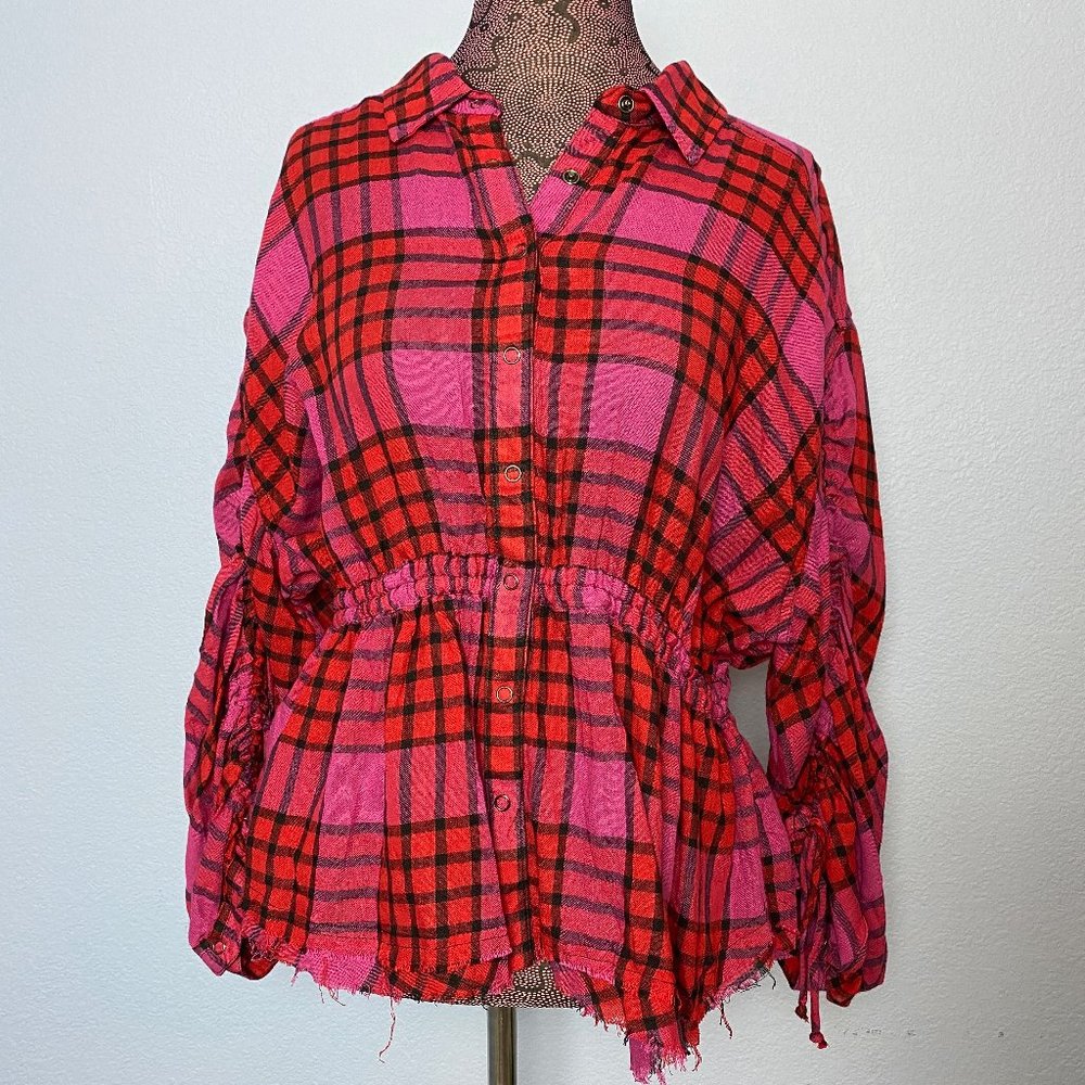 Free People Red Peplum Plaid Top